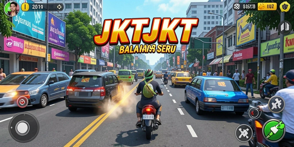 Gameplay JKTJKT menampilkan balapan cepat di jalanan Jakarta, sangat mendebarkan.