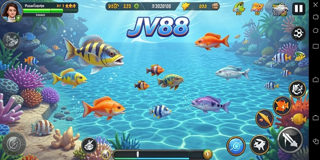 Screenshot utama JV88 menampilkan aksi seru menangkap ikan.