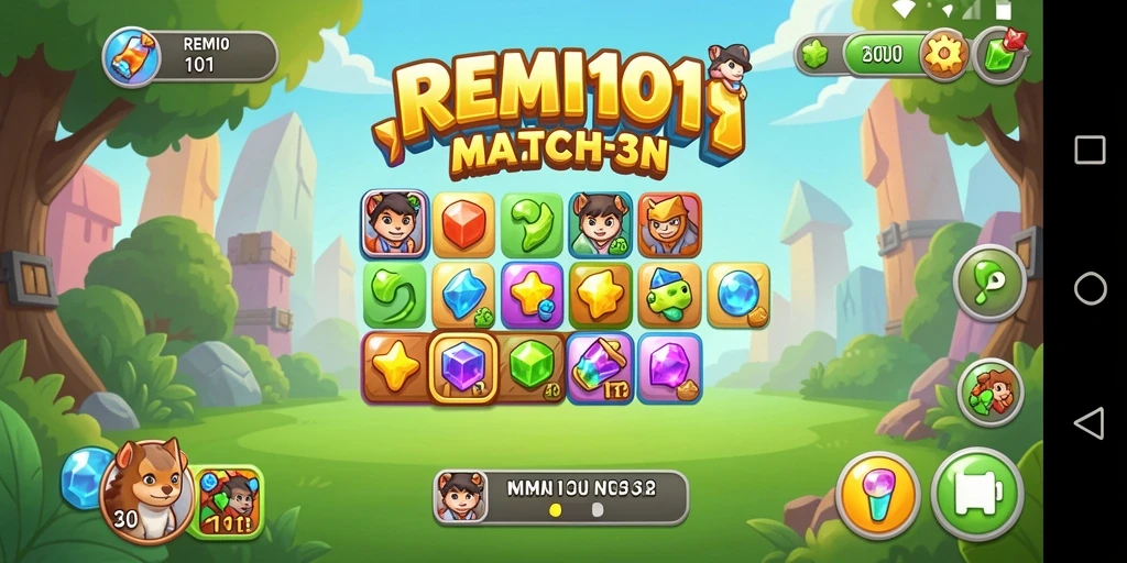 Tampilan gameplay seru dari REMI101 dengan elemen Match-3 yang menarik.